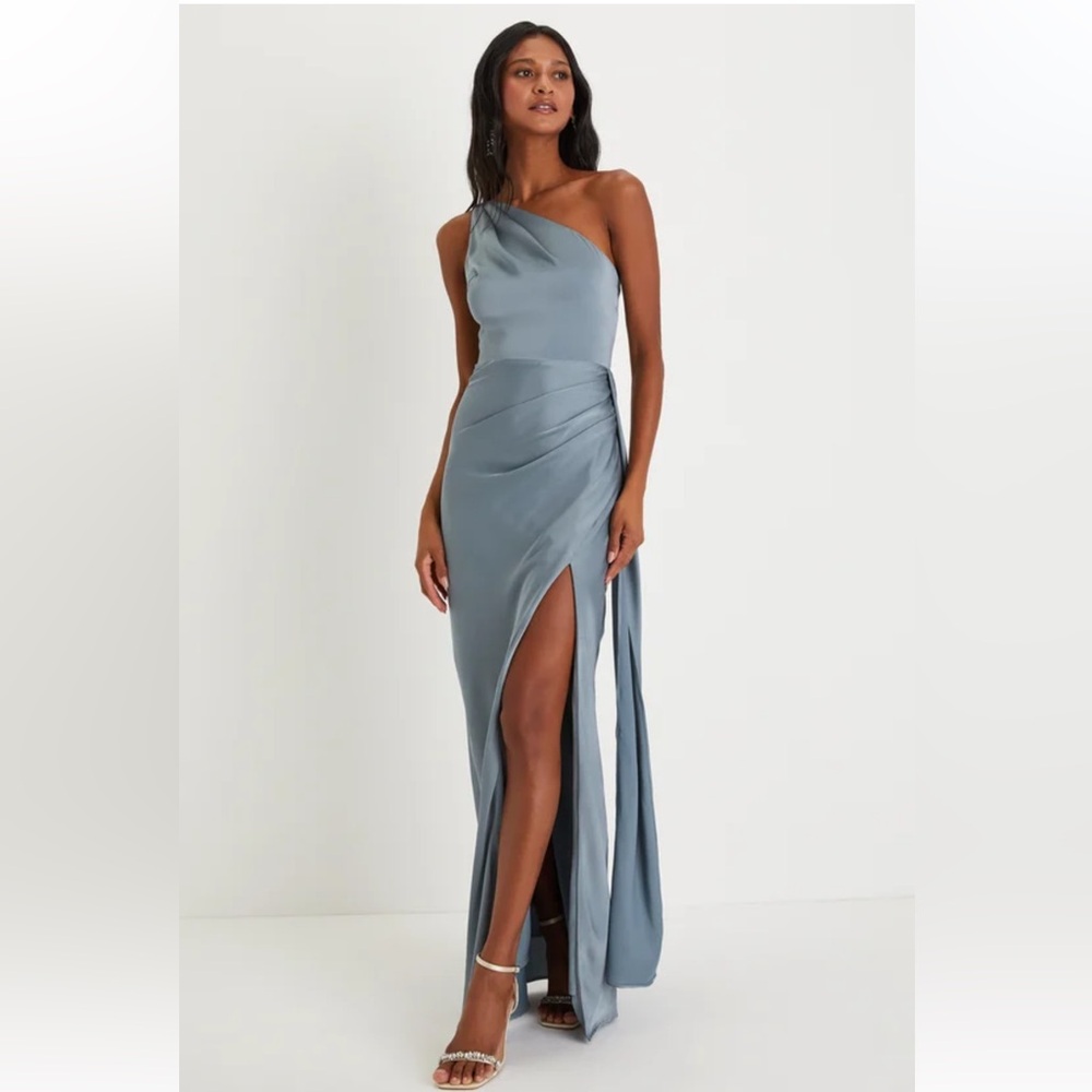 Lulus Slate Blue Satin One-Shoulder Maxi Dress | Bridesmaid Size L